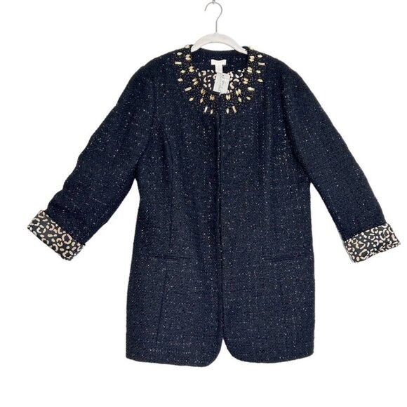 Chico's Ani-Glam Tweed Metallic & Beaded Long Jacket Coat in Black - Sz 2 (L) - Picture 1 of 6